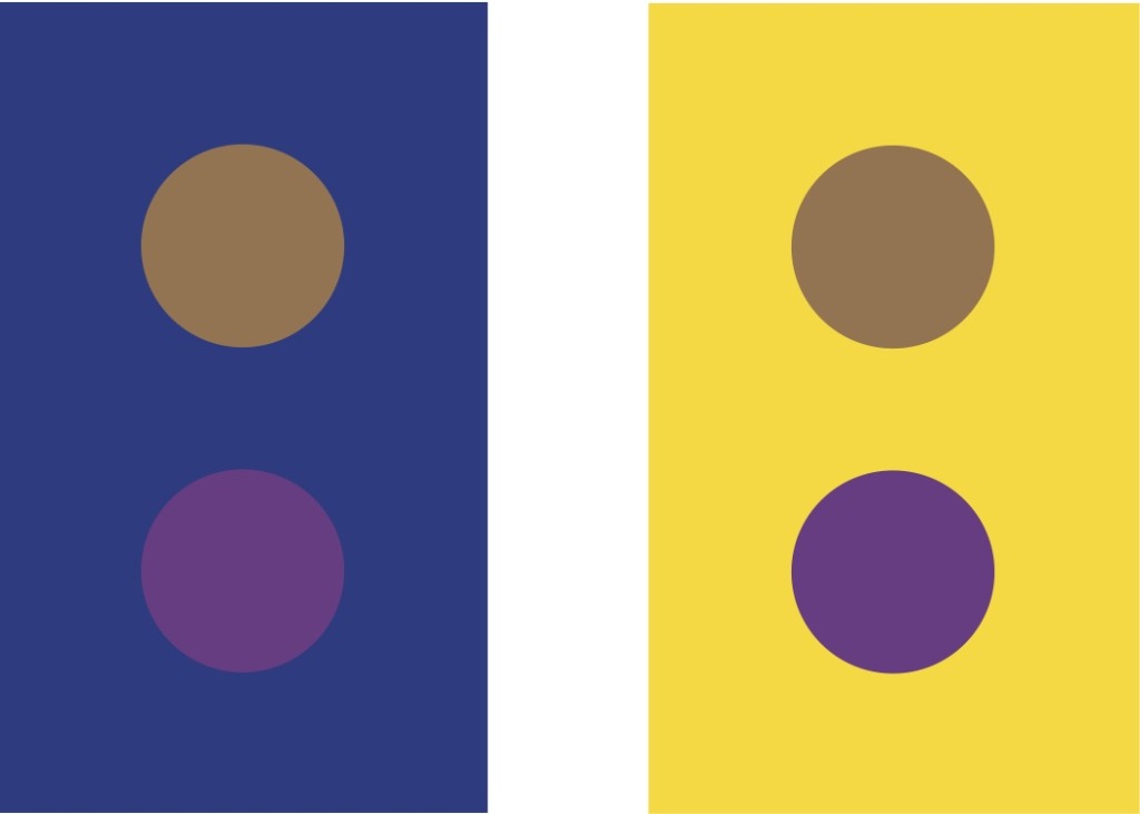 The color of the dots is the same in both figures.  The strong background colors affect perception of foreground colors.